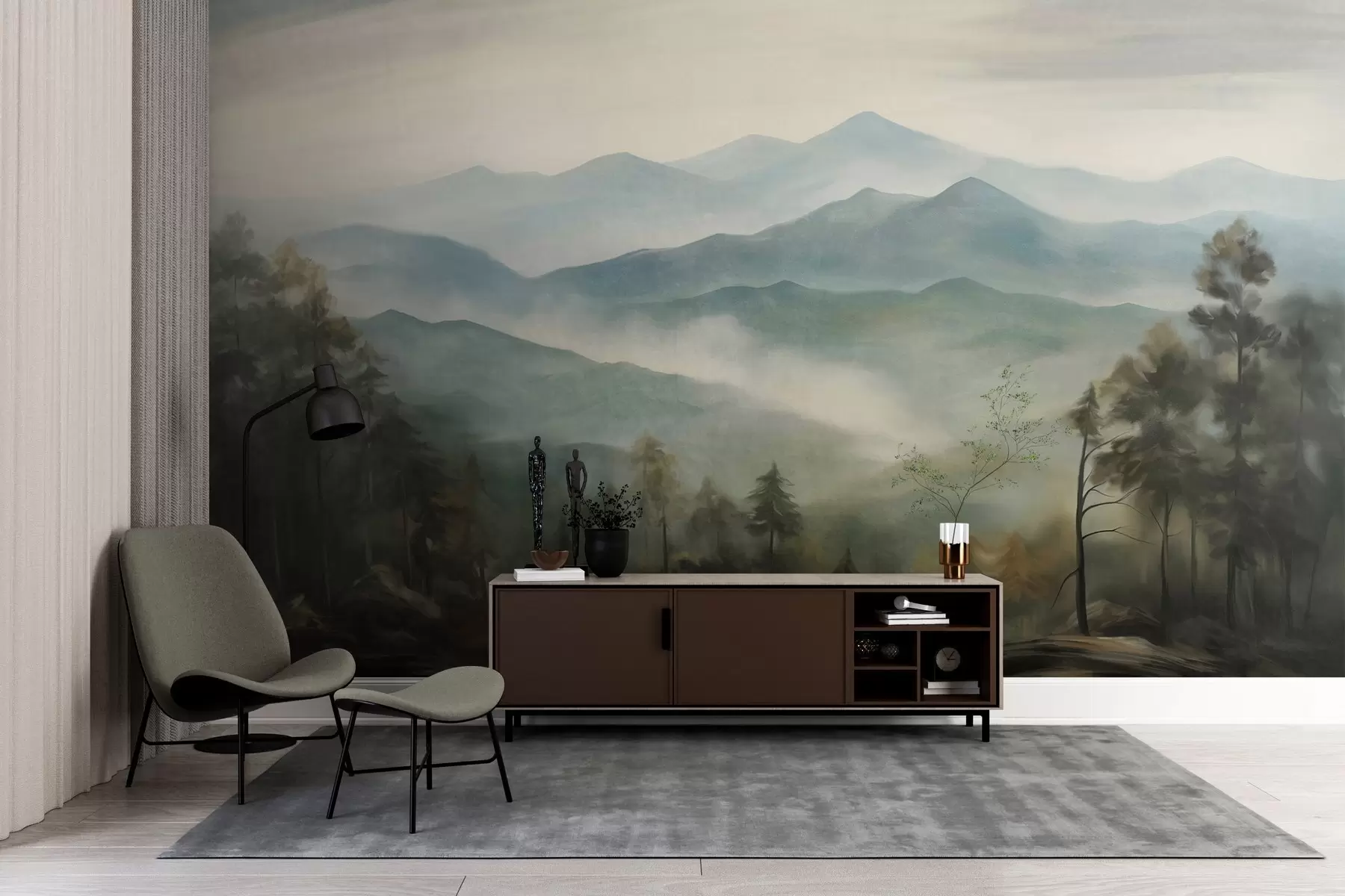 τοιχογραφίες Ομιχλώδης οροσειρά με δέντρα, ομίχλη, συννεφιασμένο ουρανό, απαλά χρώματα, στυλ ζωγραφικής τοπίου w09424