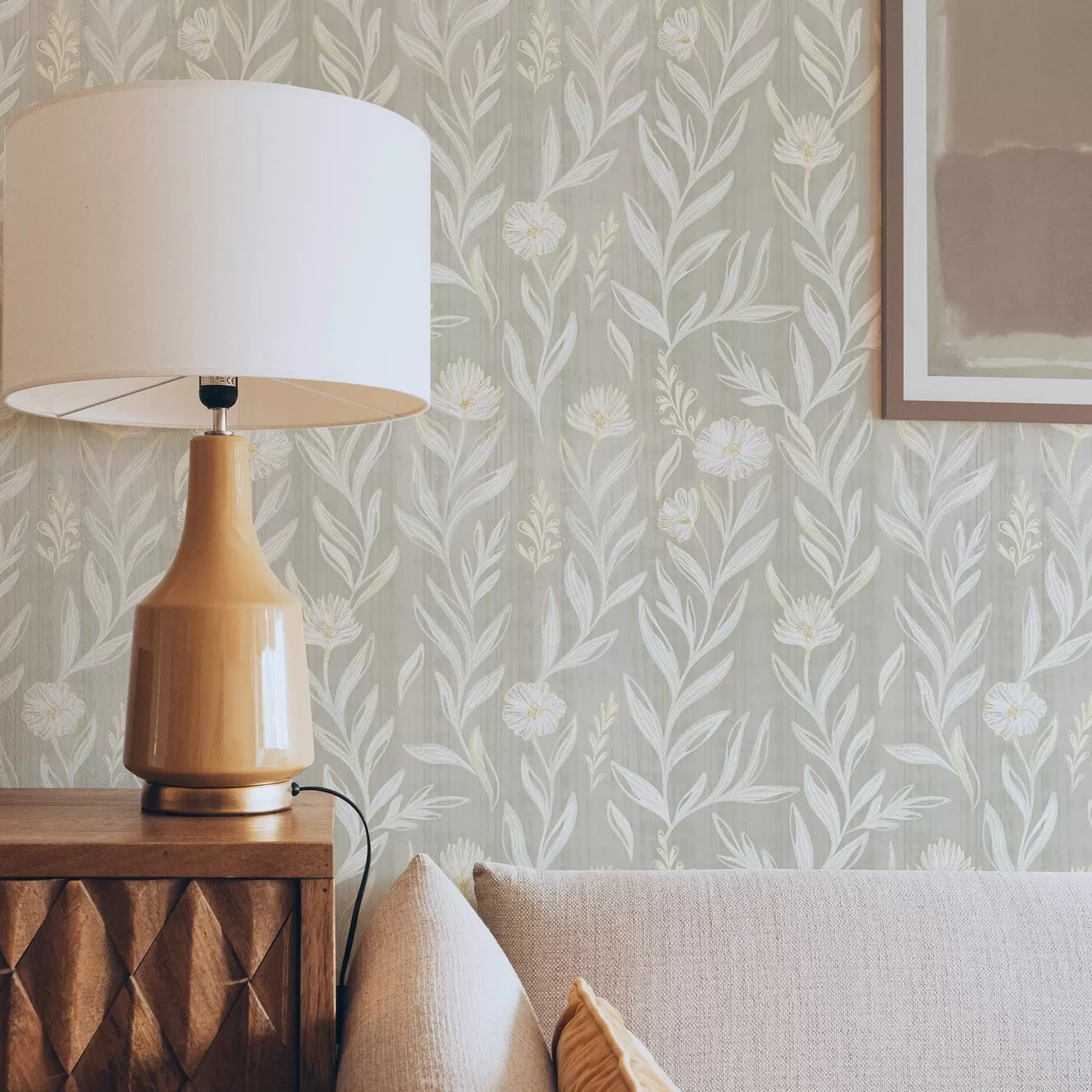 τοιχογραφίες Ελαφριά χόρτα και λουλούδια σε μπεζ, ασαφείς γραμμές a00618