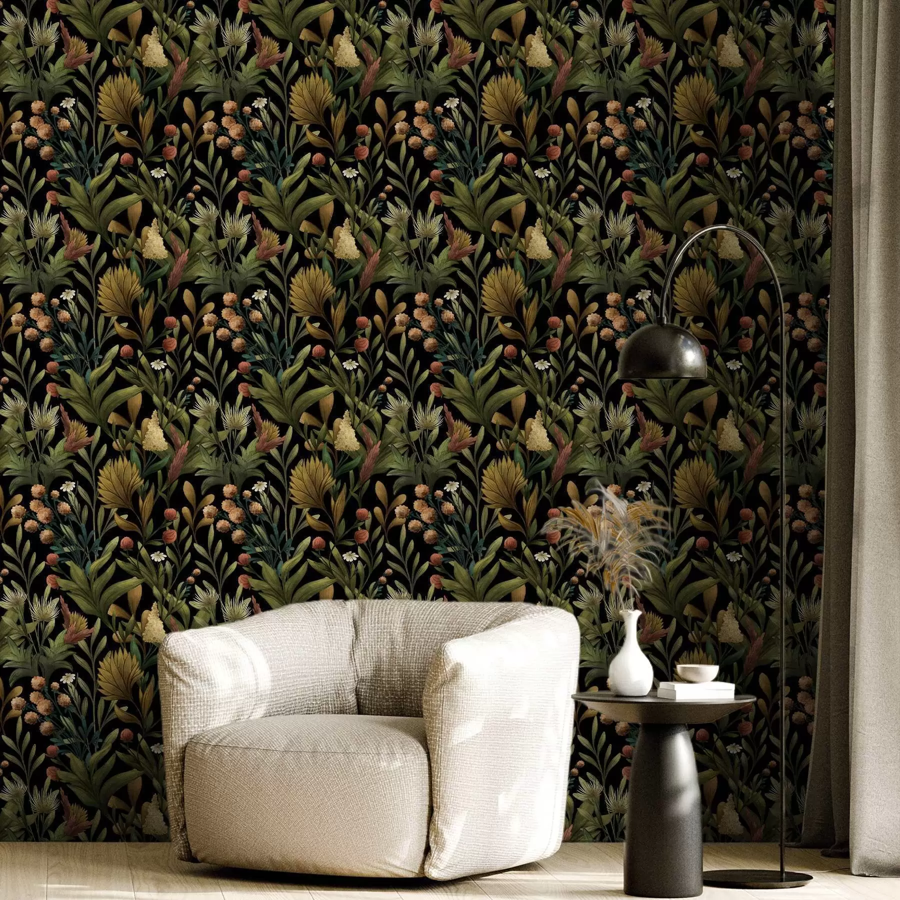 τοιχογραφίες Βοτανικός κήπος σε μαύρο φόντο, ζεστή φθινοπωρινή παλέτα a00619