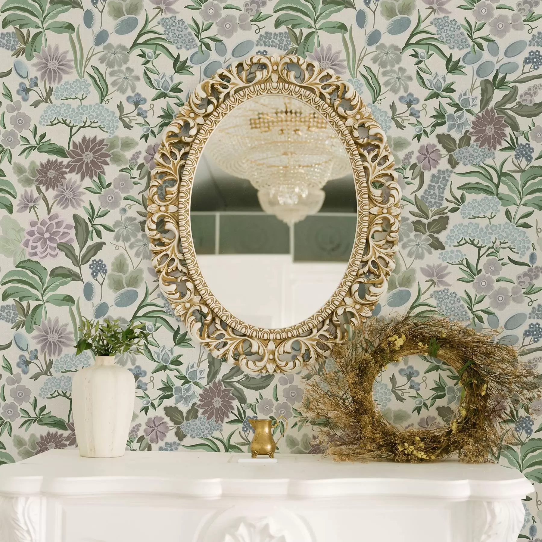 τοιχογραφίες Παστέλ λουλούδια και φύλλωμα σε παλέτα μενταγιόν μπλε a00642