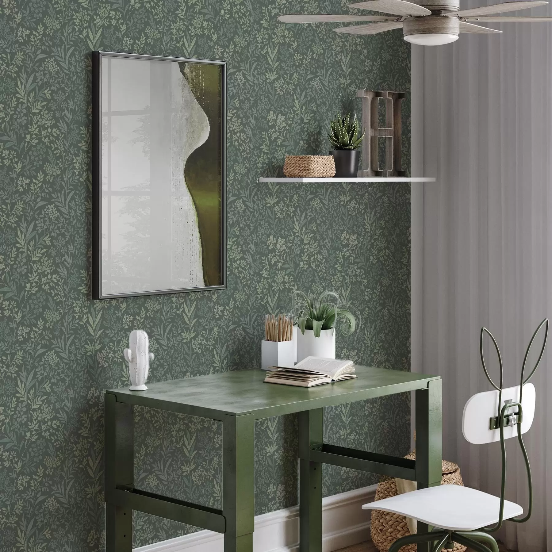 τοιχογραφίες Σμαραγδένια χόρτα και μούρα, λεπτό βοτανικό μοτίβο a00740