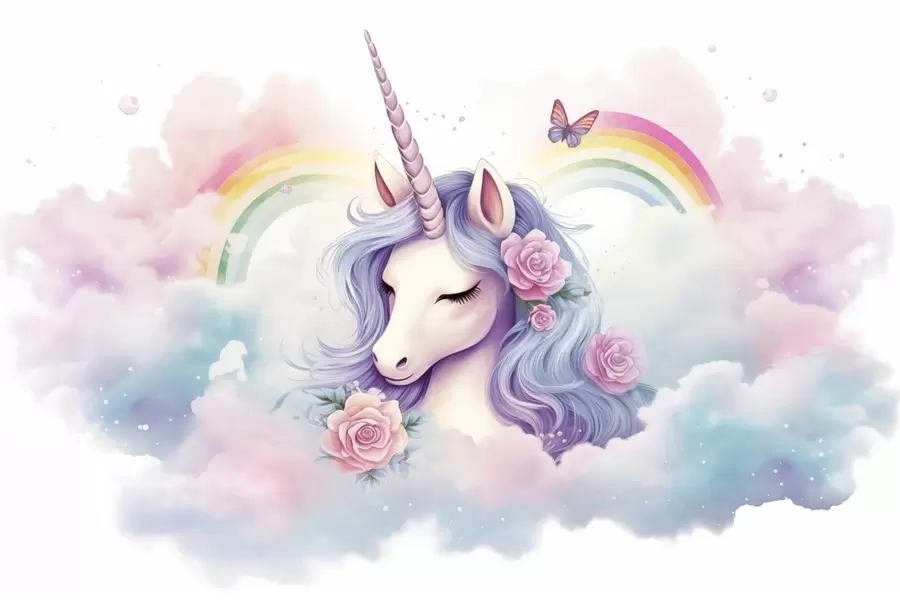 τοιχογραφίες Παστέλ μονόκερος στα σύννεφα με ουράνιο τόξο και τριαντάφυλλα w03990