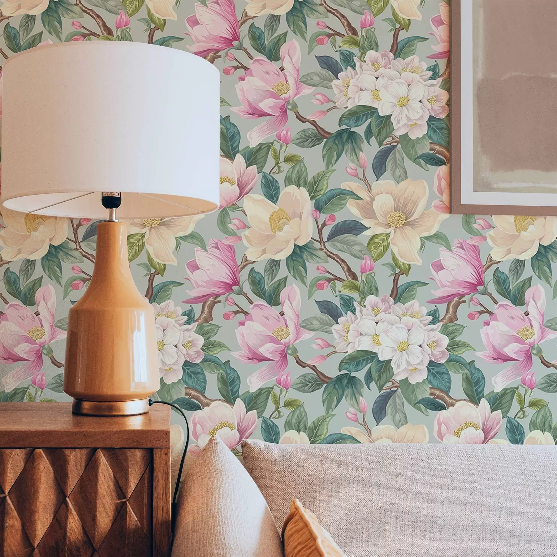 τοιχογραφίες Μανόλιες και λευκά άνθη σε φόντο γκρι μέντας a00644