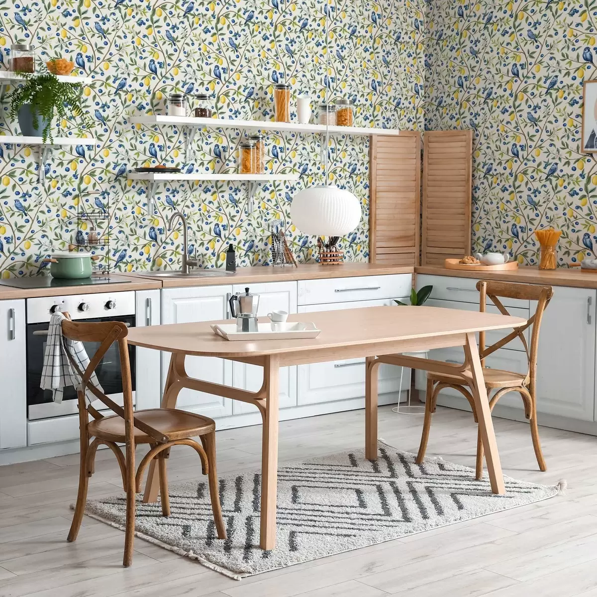 Ταπετσαρία Μπλε πουλιά, λεμόνια και μούρα σε λευκό φόντο a00668 Ταπετσαρία Μπλε πουλιά, λεμόνια και μούρα σε λευκό φόντο a00668