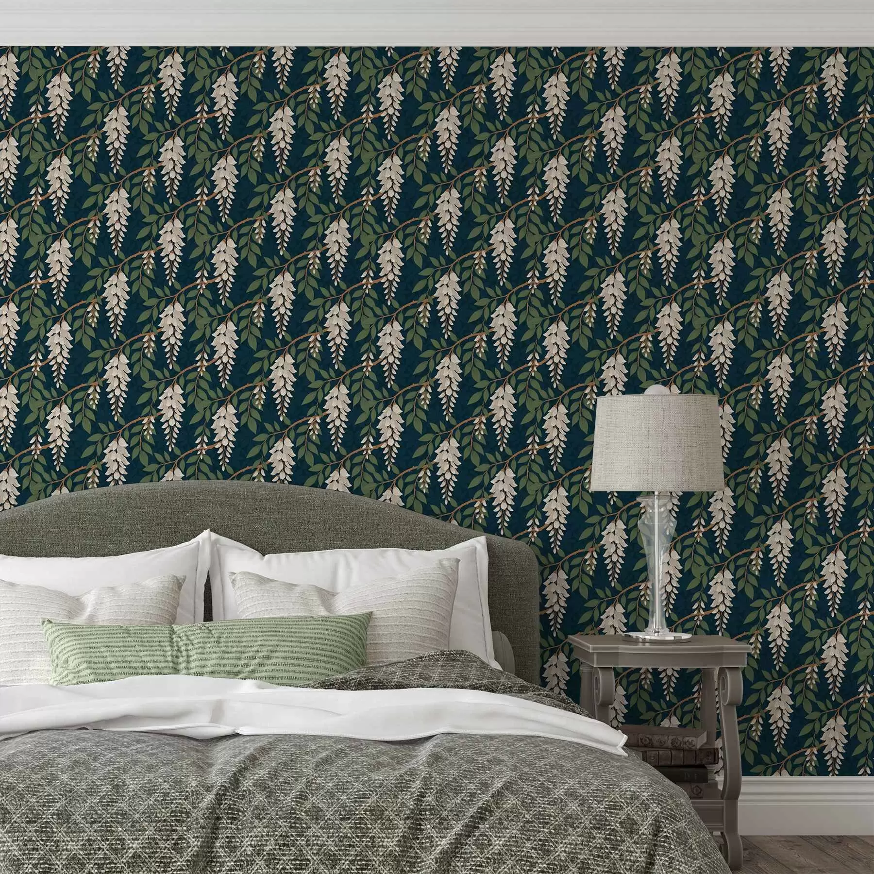 τοιχογραφίες Ιβουάρ γλυκίνια σε βαθύ γαλαζοπράσινο φόντο a00694v1