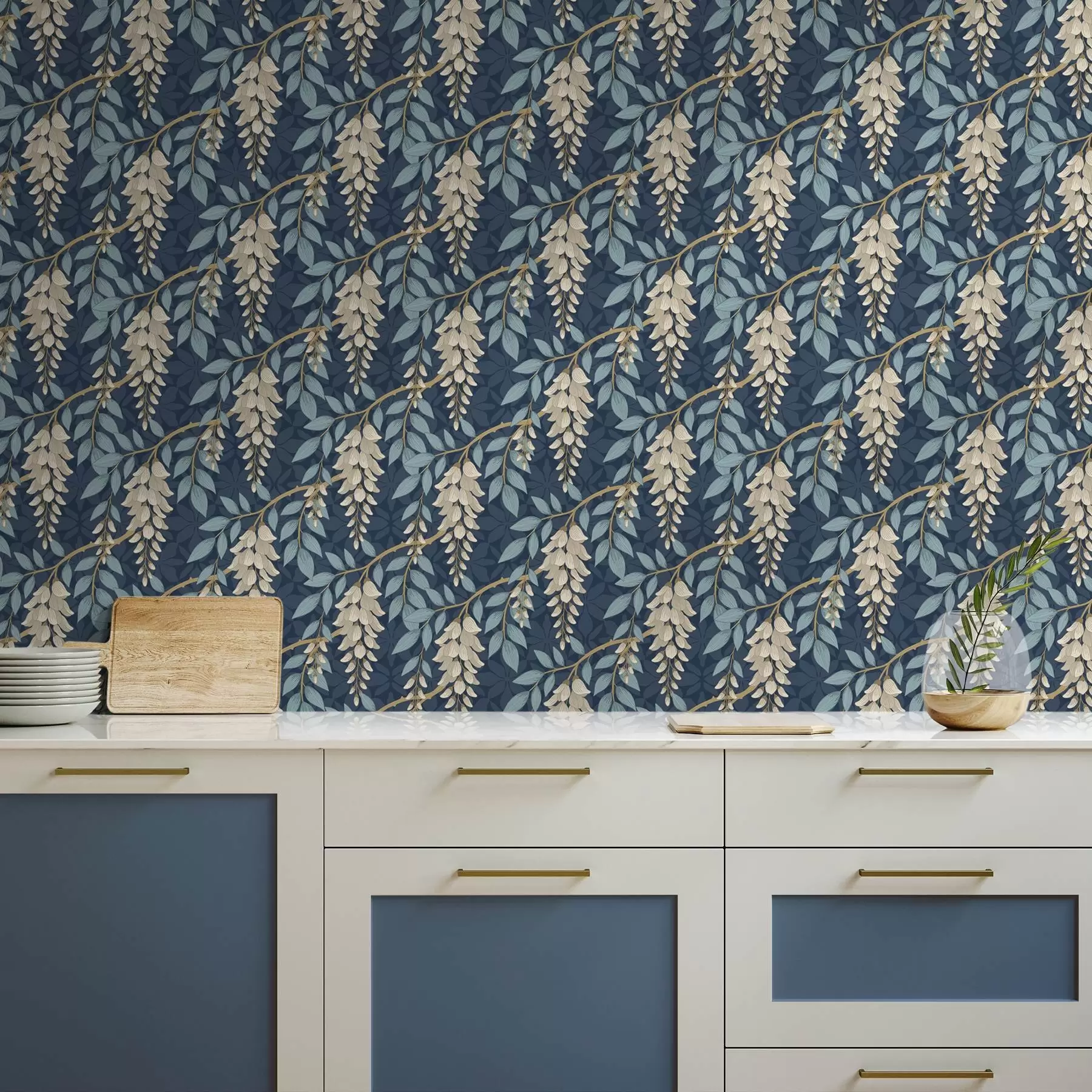 τοιχογραφίες Γλυκίνη με μπλε φύλλα σε σκούρο μπλε φόντο a00694v2