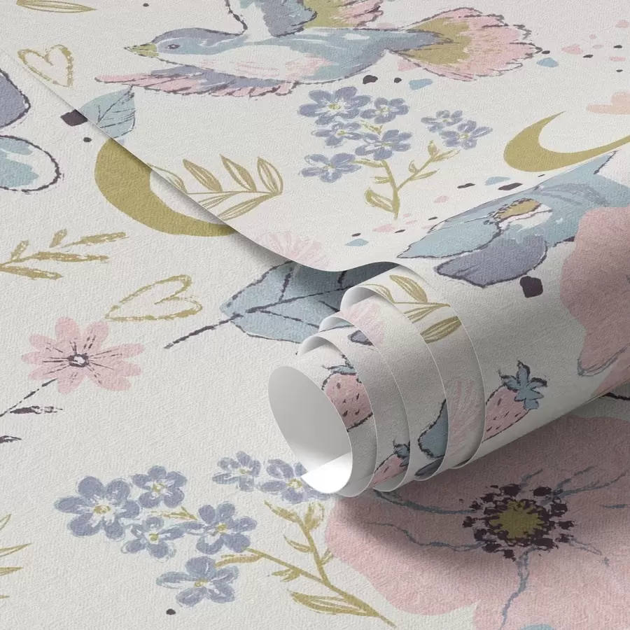 τοιχογραφίες Παστέλ πουλιά και λουλούδια με μισοφέγγαρα σε λευκό φόντο a00721