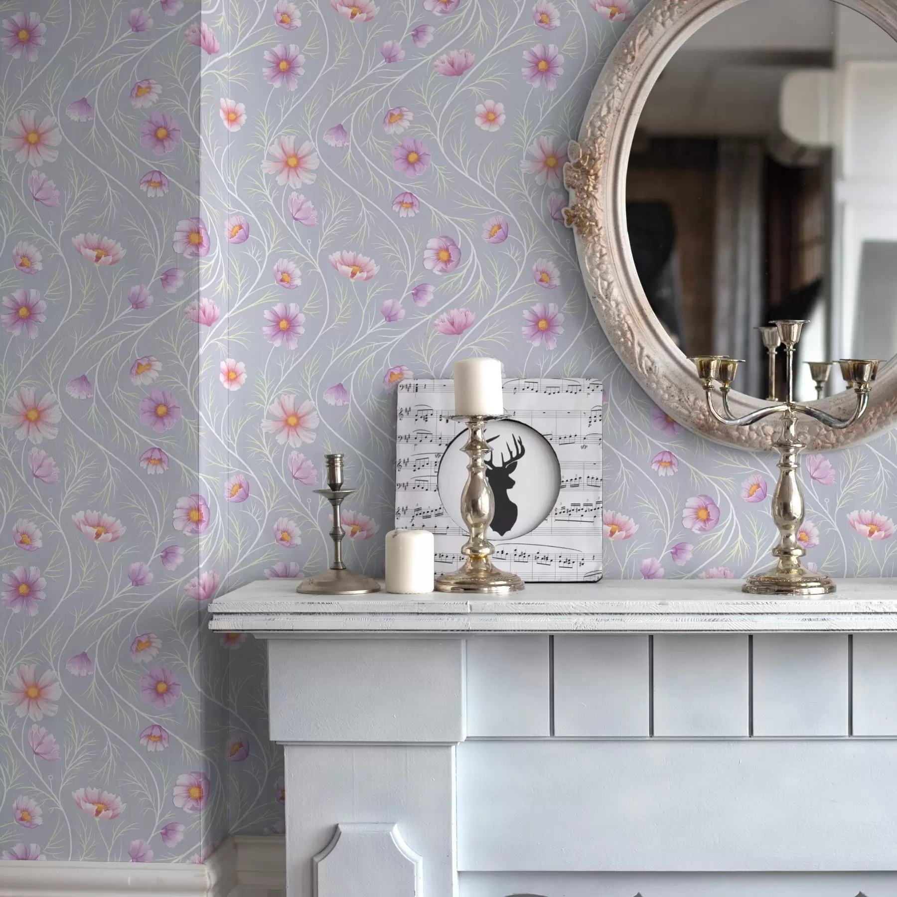 τοιχογραφίες Ροζ κοσμοί και λεπτοί μίσχοι σε γκρι φόντο a00791