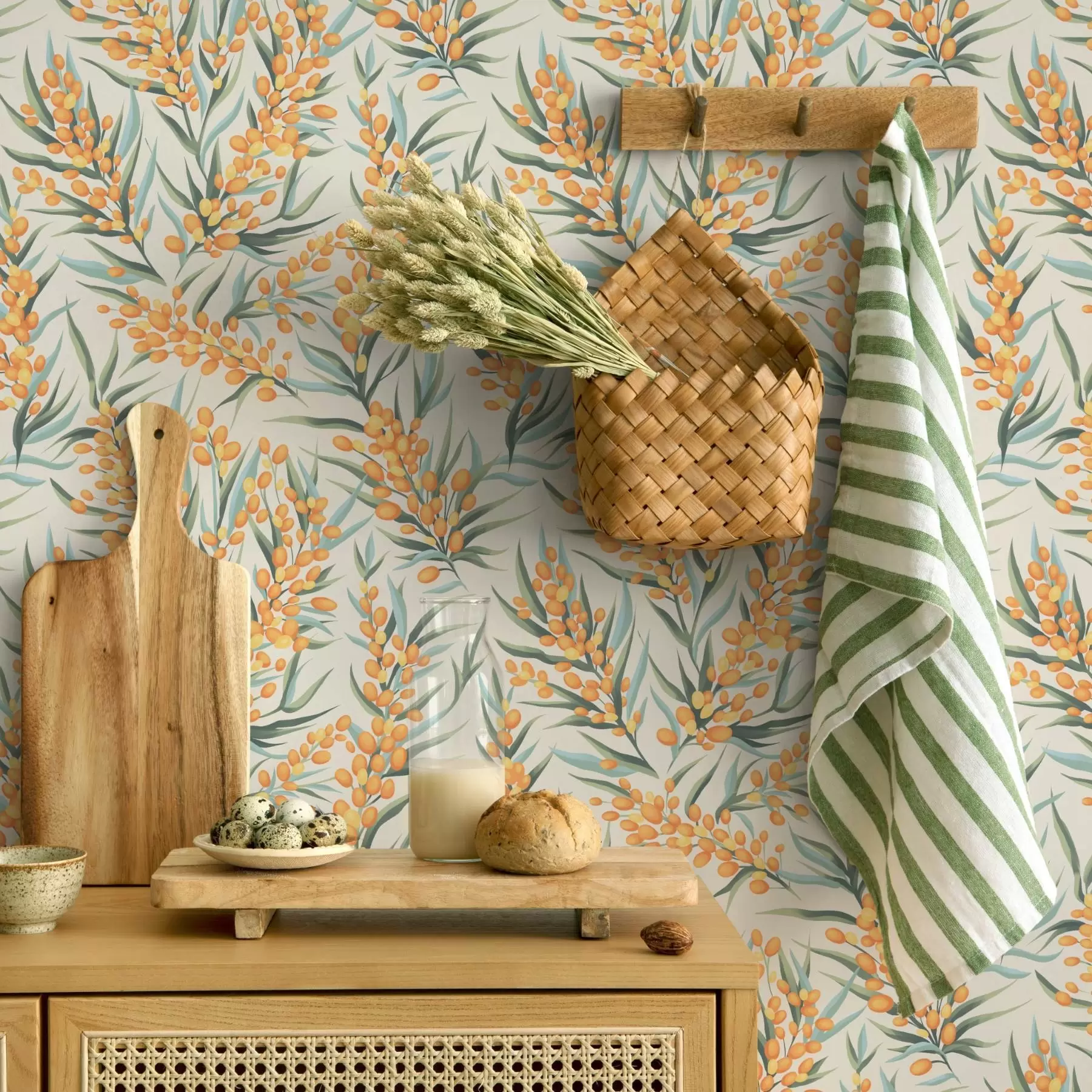 τοιχογραφίες Κλαδιά ιπποφαές με πορτοκαλί μούρα, ανοιχτόχρωμο φόντο a00792