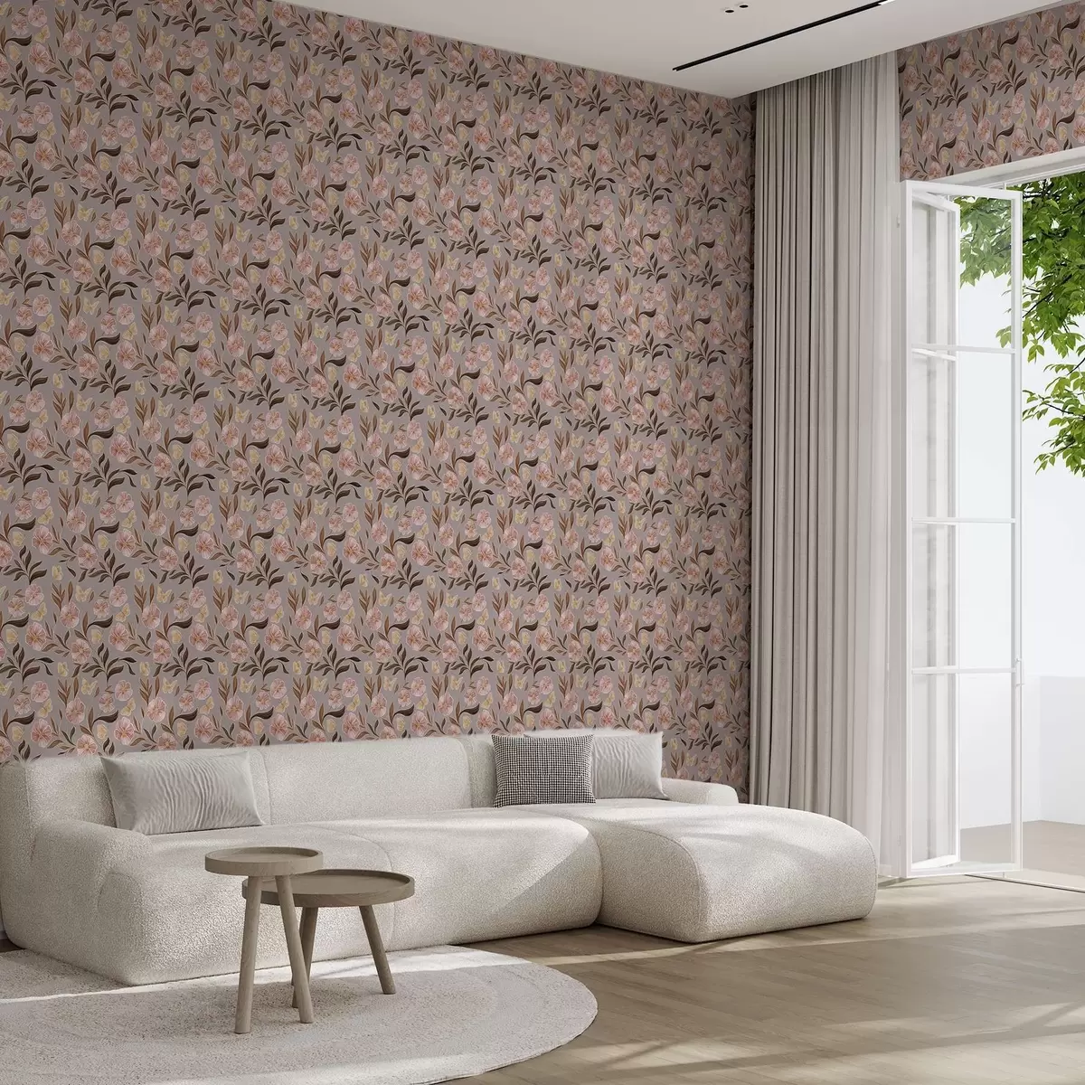 Ταπετσαρία Ροζ λουλούδια και πεταλούδες σε γκρι-μπεζ φόντο a00633