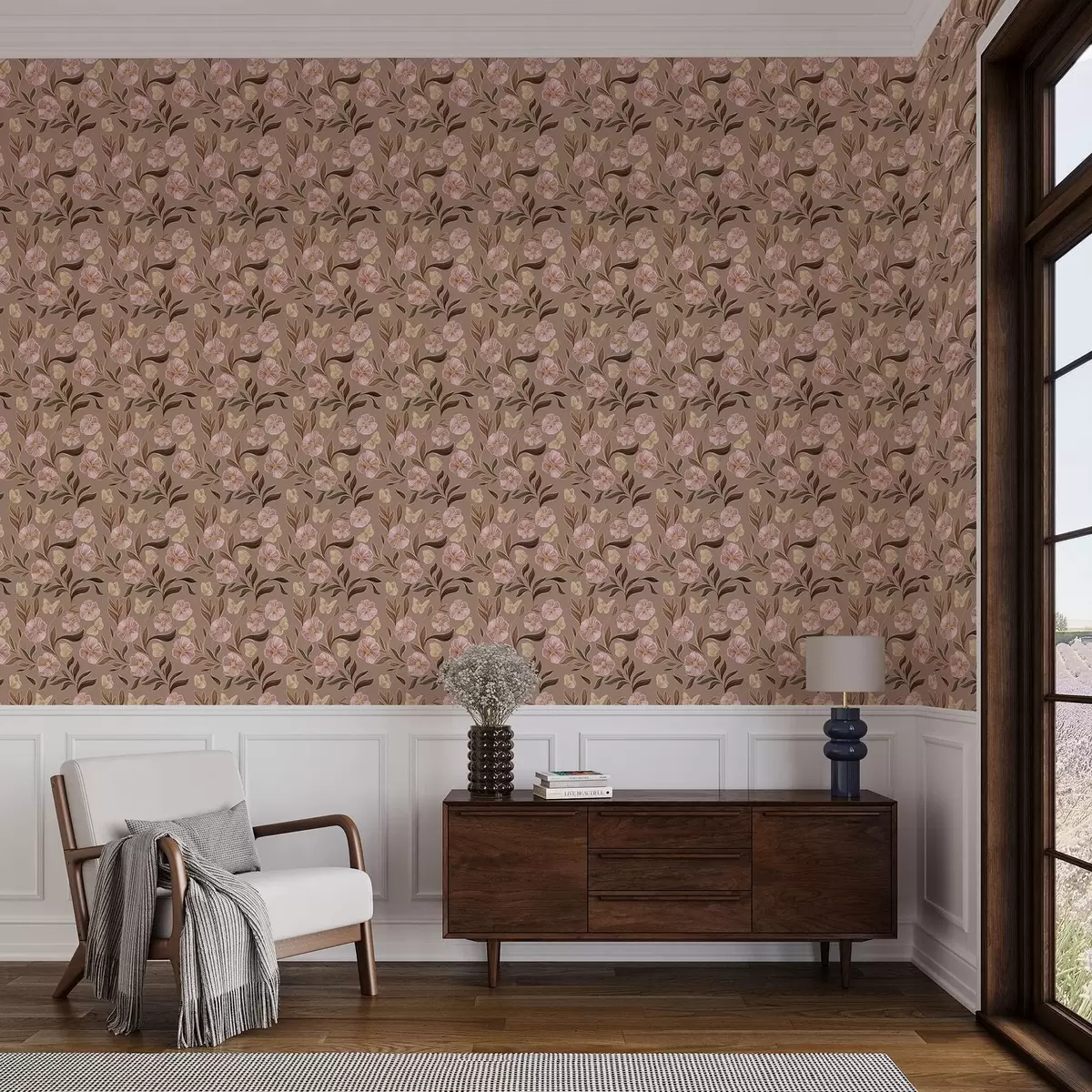 Ταπετσαρία Ροζ λουλούδια και πεταλούδες σε ζεστό καφέ φόντο a00633v1