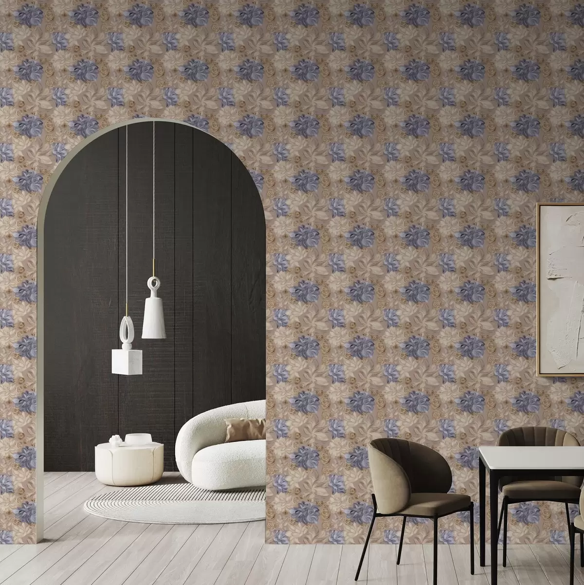 Ταπετσαρία Πλούσια κρέμα και μπλε λουλούδια σε παστέλ αποχρώσεις a00634