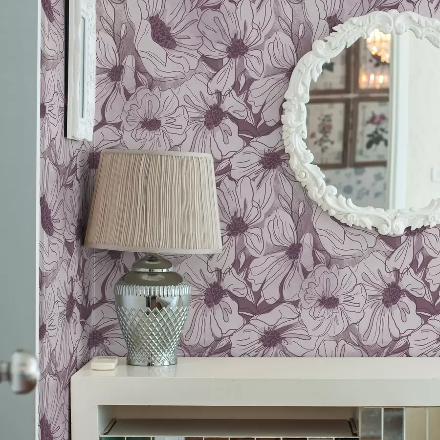 τοιχογραφίες Γραμμικά λουλούδια σε μια δροσερή παλέτα λιλά-ροζ a00636v1