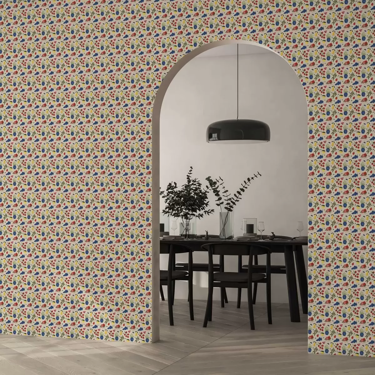 Ταπετσαρία Ζωηρό μοτίβο με φρούτα, κλαδιά και βάζα a00637