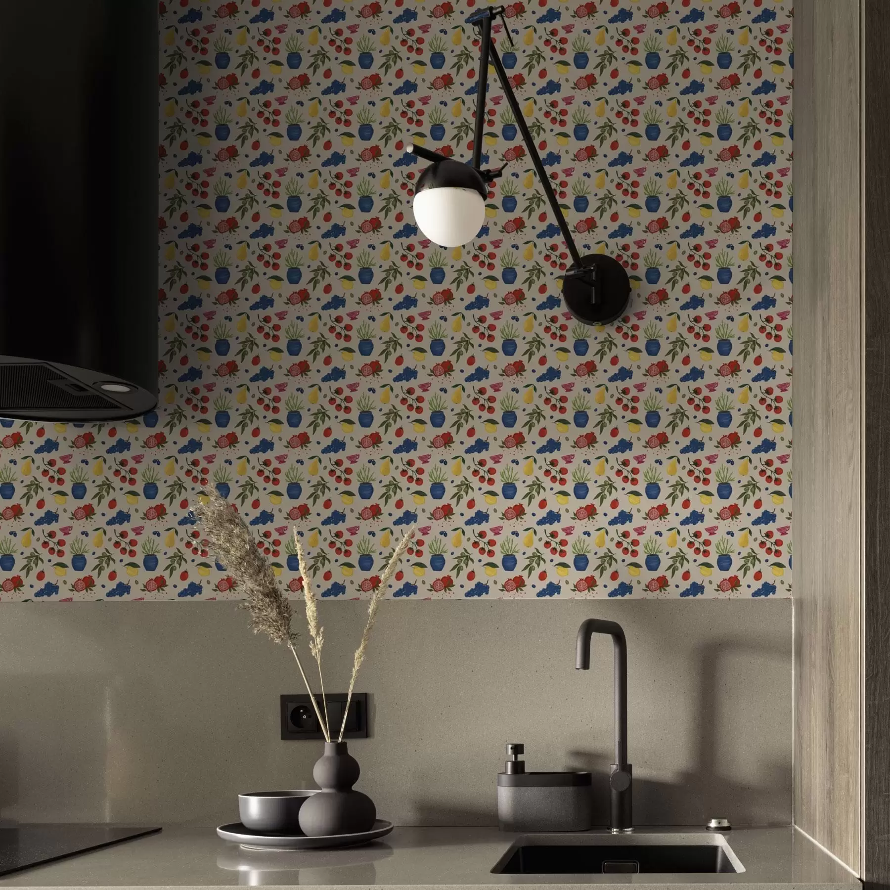 τοιχογραφίες Ζωηρό μοτίβο με φρούτα, κλαδιά και βάζα a00637