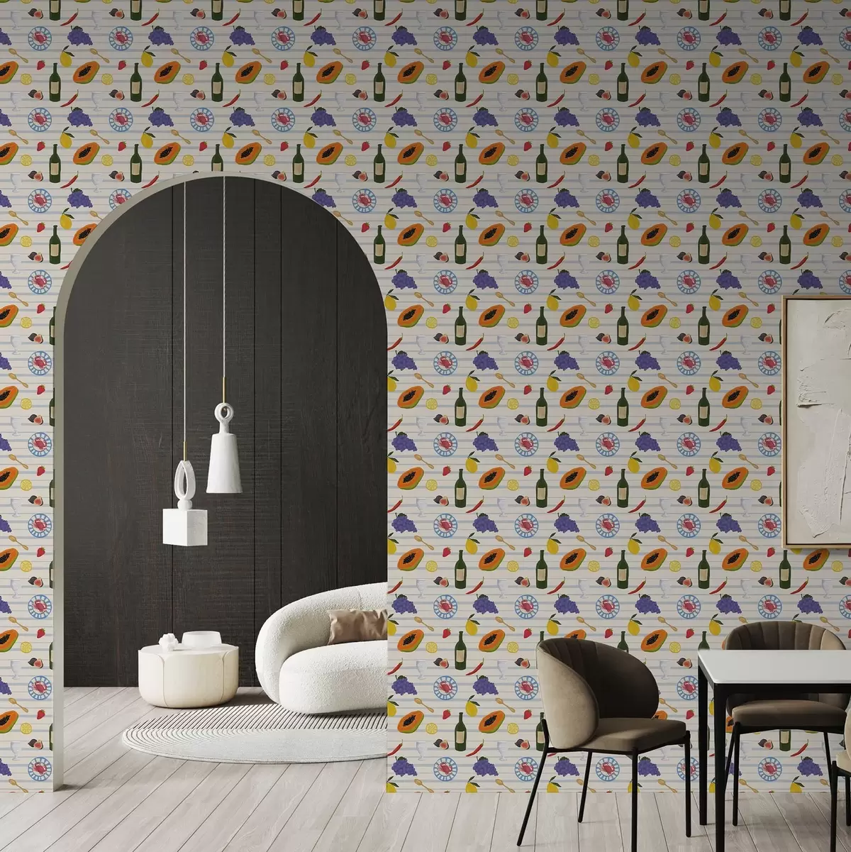 Ταπετσαρία Εκτύπωση κουζίνας με φρούτα, ποτήρια και πιάτα a00638