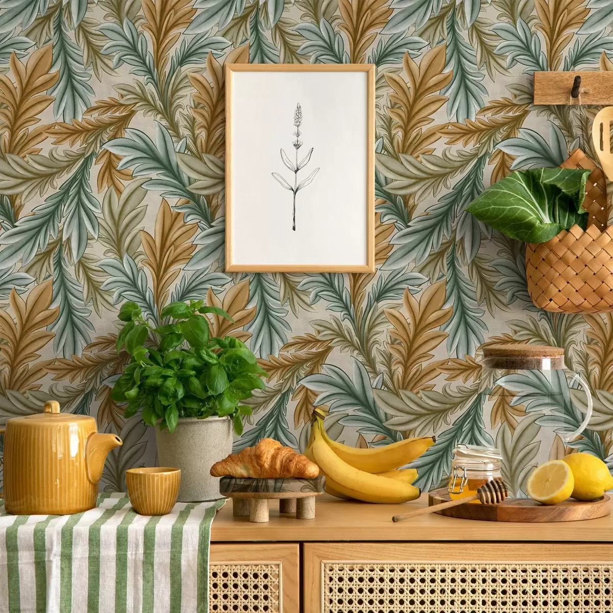 Ταπετσαρία Διακοσμητικό φύλλωμα σε ζεστή παλέτα από ώχρα και πράσινο a00673 Ταπετσαρία Διακοσμητικό φύλλωμα σε ζεστή παλέτα από ώχρα και πράσινο a00673