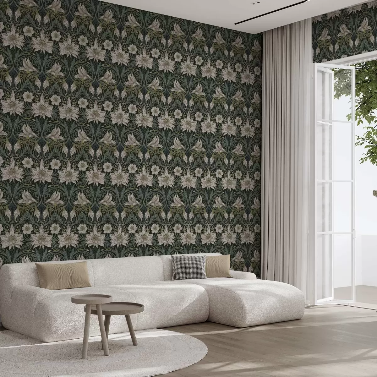 Ταπετσαρία Σύνθεση Art Nouveau με κρίνα σε σκούρο φόντο a00696