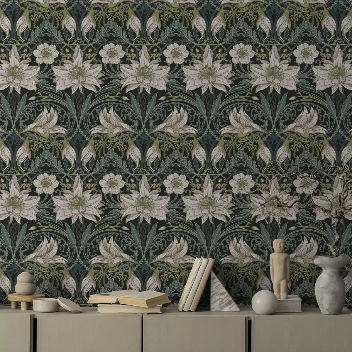 Ταπετσαρία Σύνθεση Art Nouveau με κρίνα σε σκούρο φόντο a00696