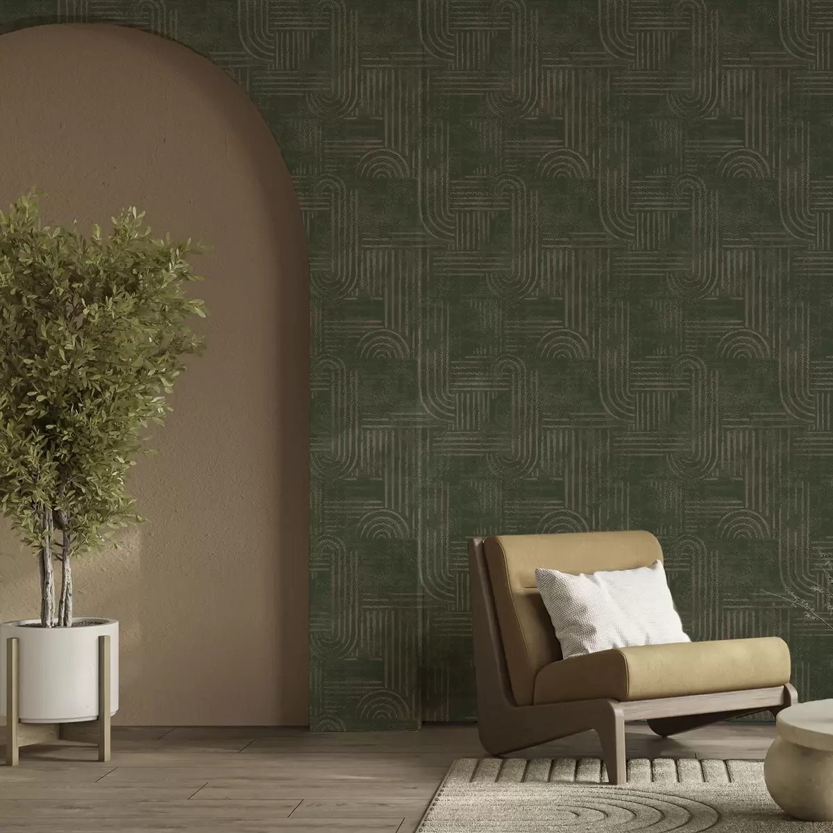 Ταπετσαρία Γεωμετρικό μοτίβο με τόξα σε πράσινη παλέτα a00697