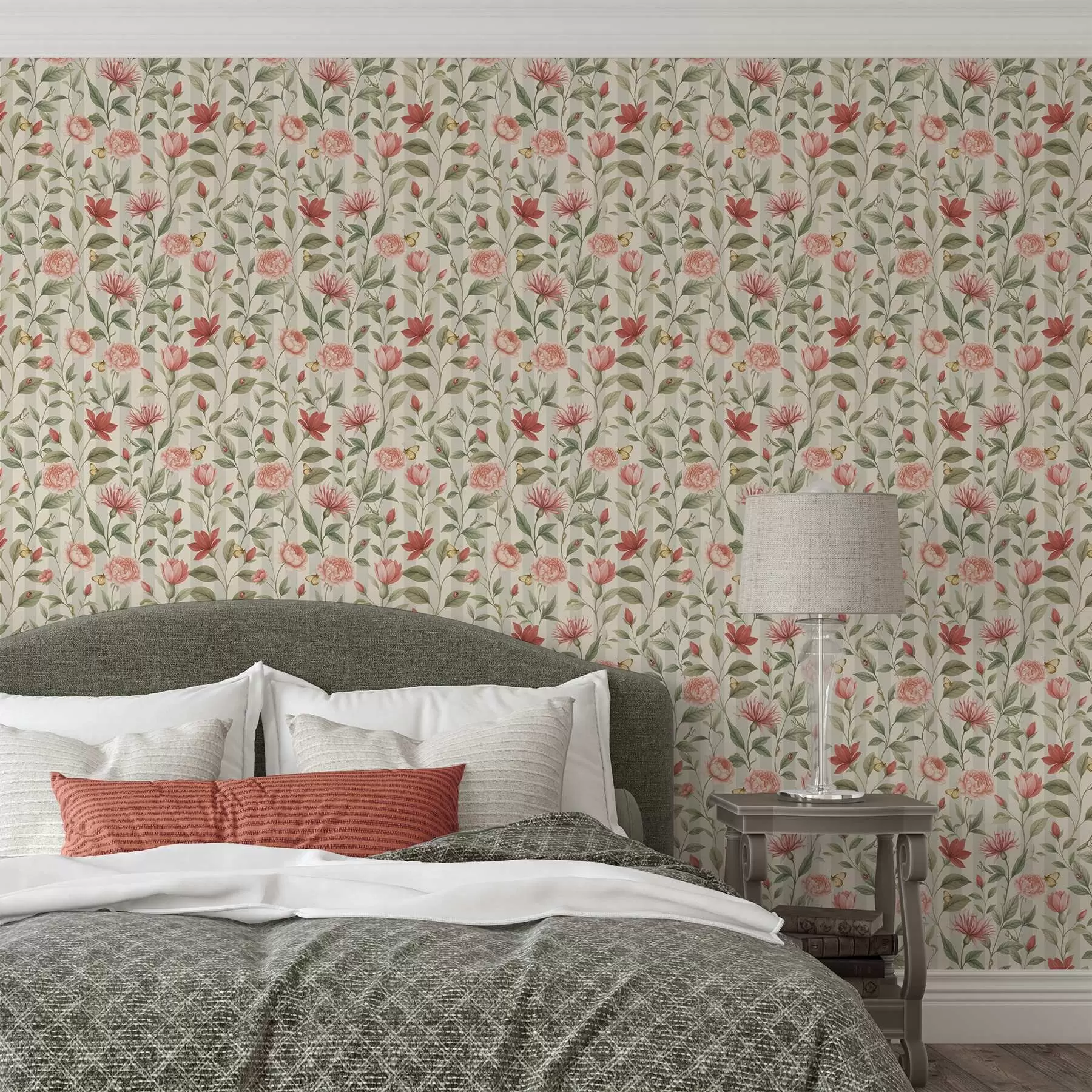 τοιχογραφίες Λουλουδάτα στελέχη με πεταλούδες σε ανοιχτόχρωμο φόντο a00698