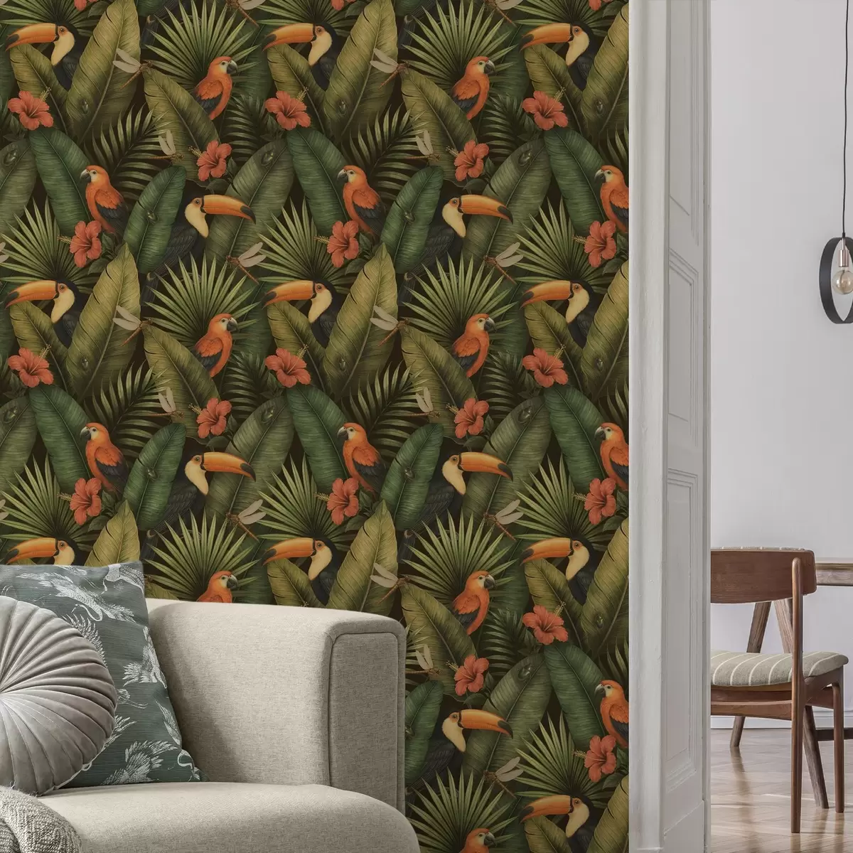 Ταπετσαρία Τουκάν και παπαγάλοι ανάμεσα σε τροπικά φυλλώματα και λουλούδια a00702