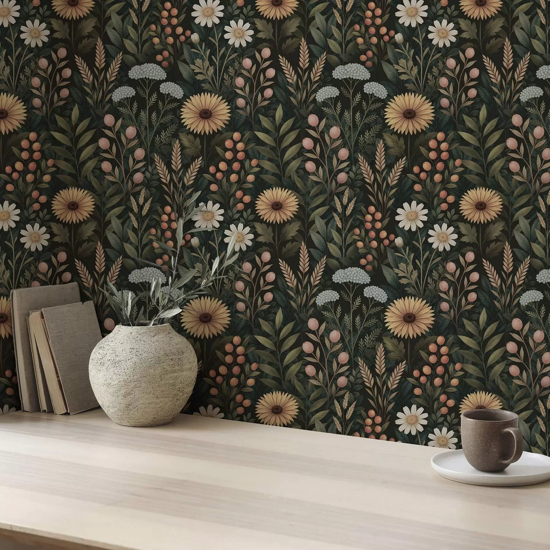 τοιχογραφίες Άγρια λουλούδια και μούρα σε σκούρο φόντο, φυσικό διακοσμητικό στοιχείο a00707