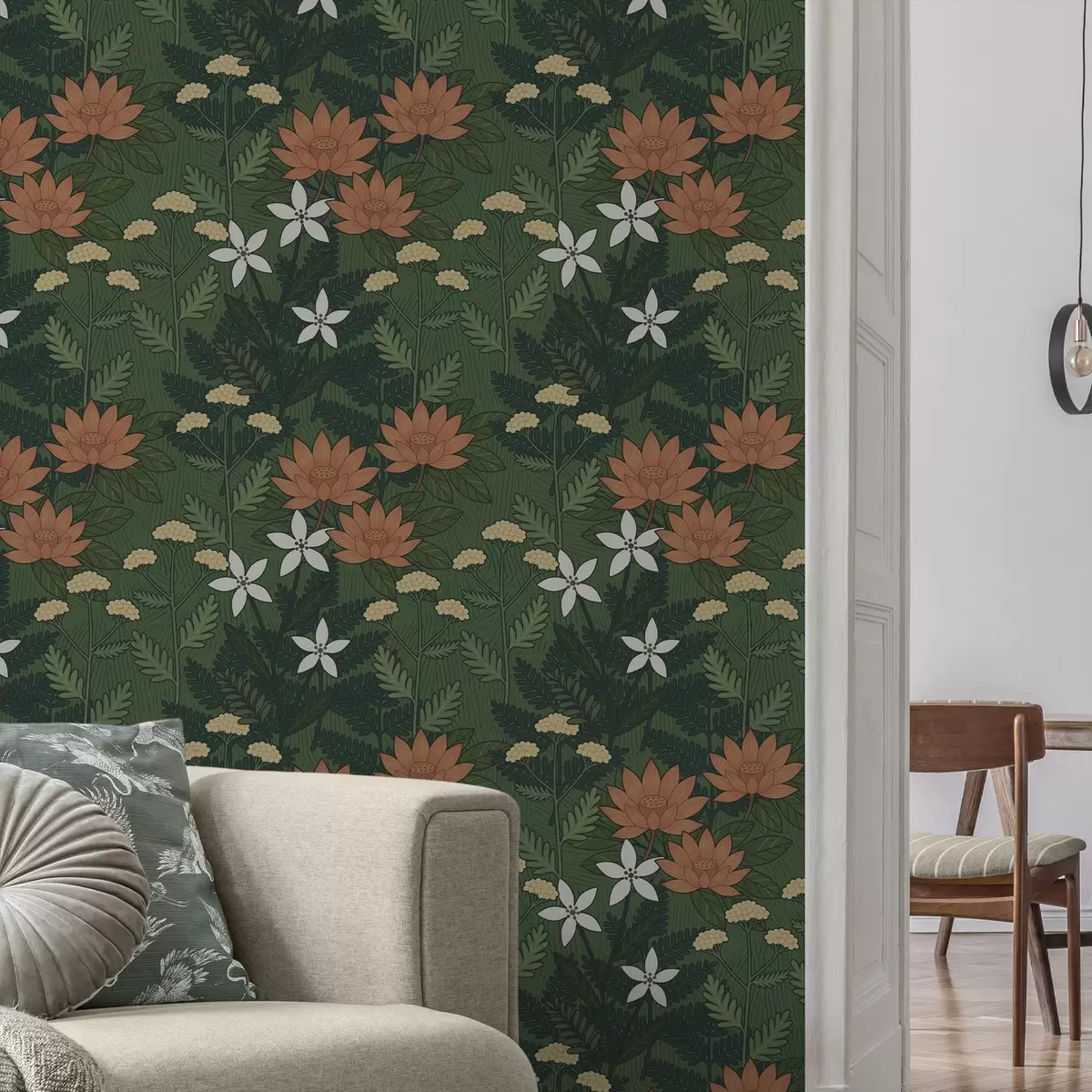 Ταπετσαρία Μεγάλα λουλούδια ανάμεσα σε πράσινο φύλλωμα, διακοσμητική σύνθεση a00708