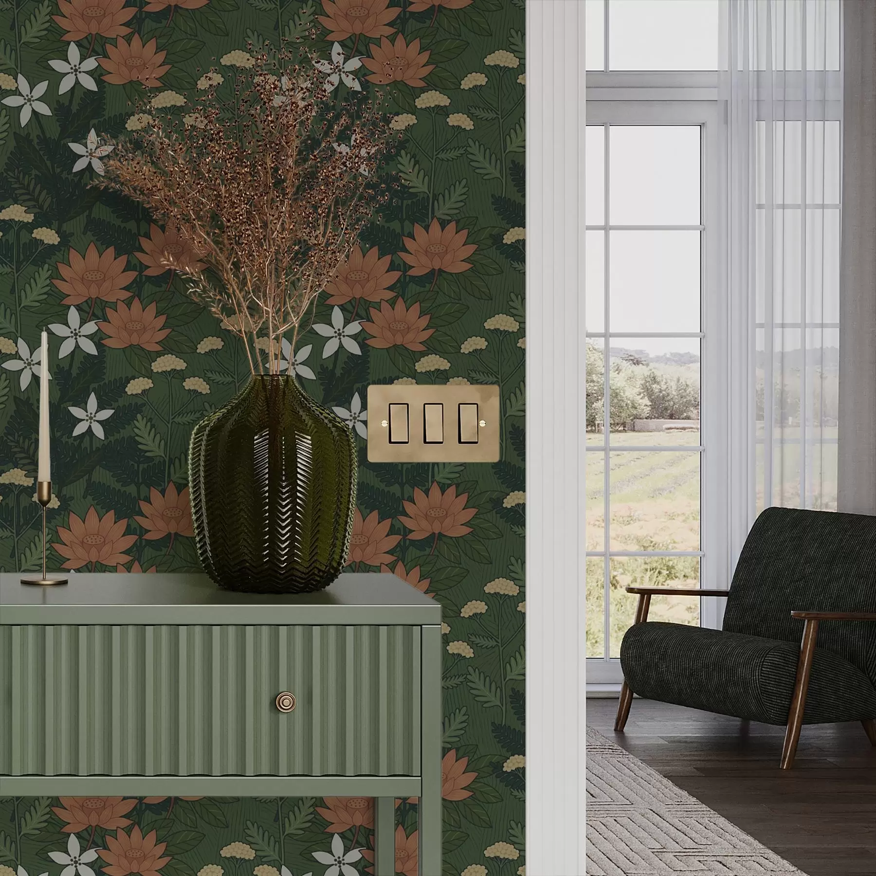 τοιχογραφίες Μεγάλα λουλούδια ανάμεσα σε πράσινο φύλλωμα, διακοσμητική σύνθεση a00708