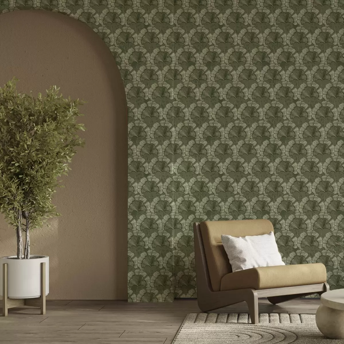 Ταπετσαρία Γραφικό μοτίβο με γκίνγκο σε δροσερή πράσινη παλέτα a00709