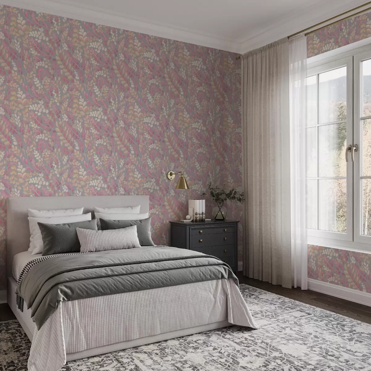 Ταπετσαρία Παστέλ κλαδιά με ροζ-ροδακινί φύλλωμα σε γκρι φόντο a00799v1