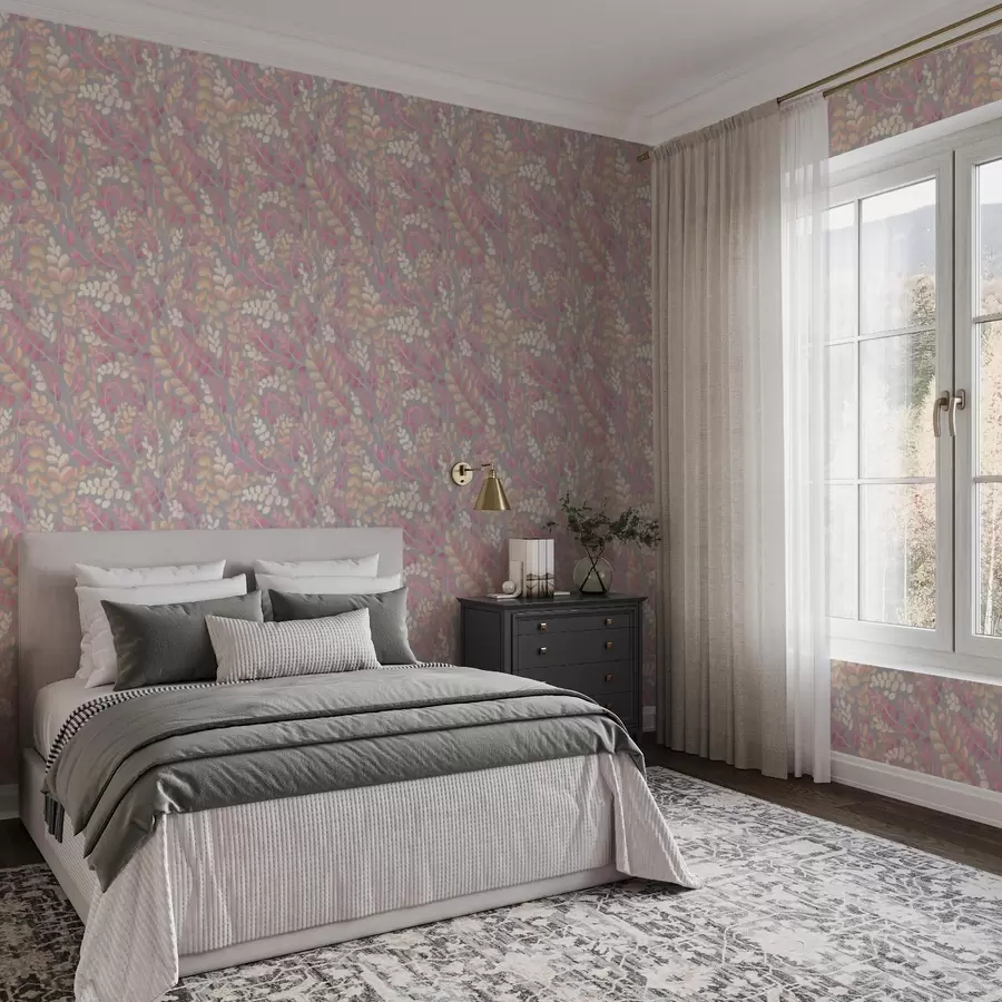 τοιχογραφίες Παστέλ κλαδιά με ροζ-ροδακινί φύλλωμα σε γκρι φόντο a00799v1