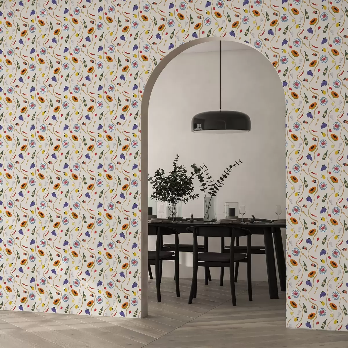 Ταπετσαρία Μπουκάλια, παπάγια, λεμόνια και μπαχαρικά σε ανοιχτόχρωμο φόντο a00802