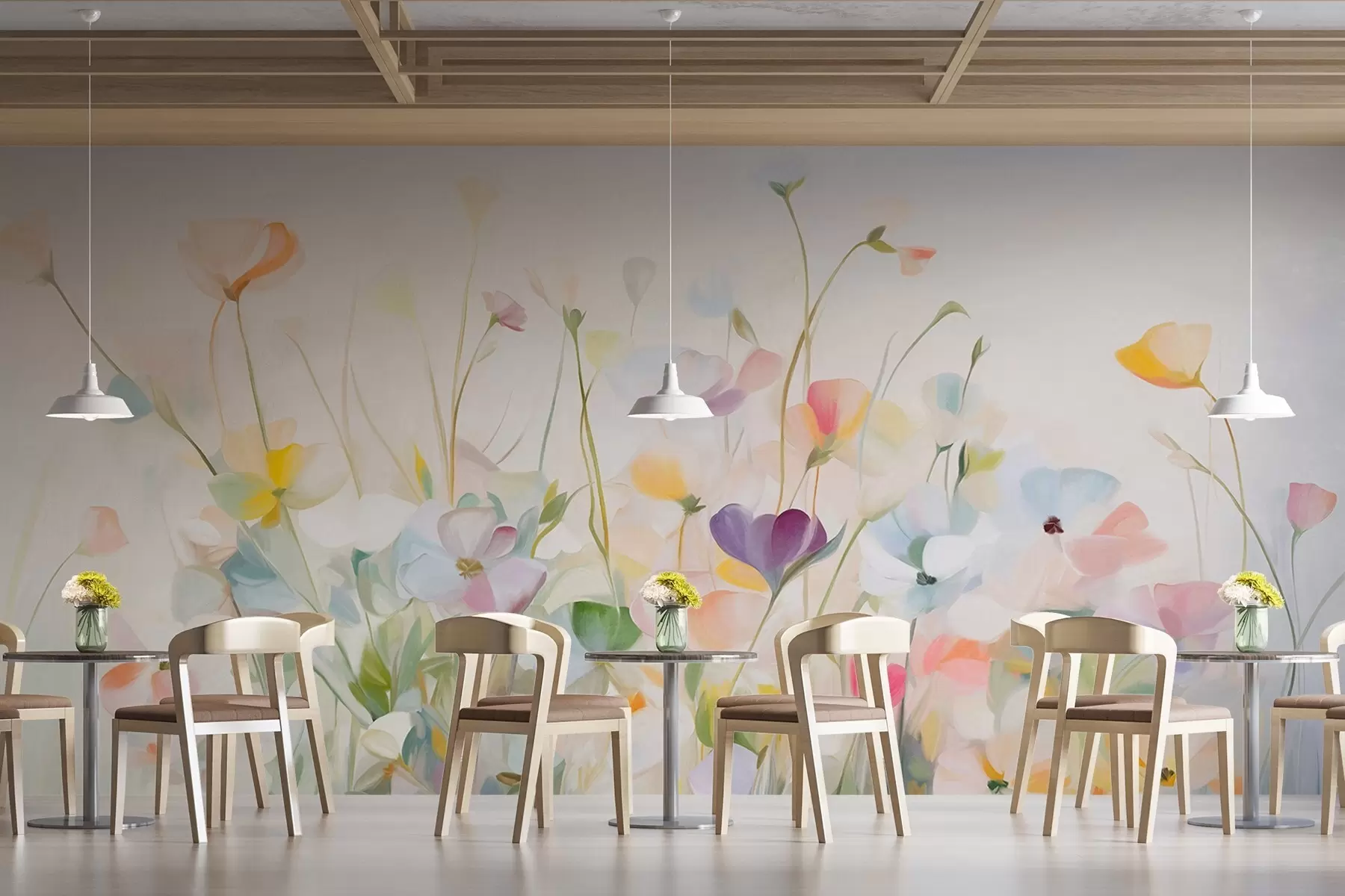 τοιχογραφίες Αφηρημένο πεδίο με πολύχρωμα λουλούδια με μακριά στελέχη και πράσινα φύλλα, υφή, παστέλ, ανοιχτά χρώματα w09466