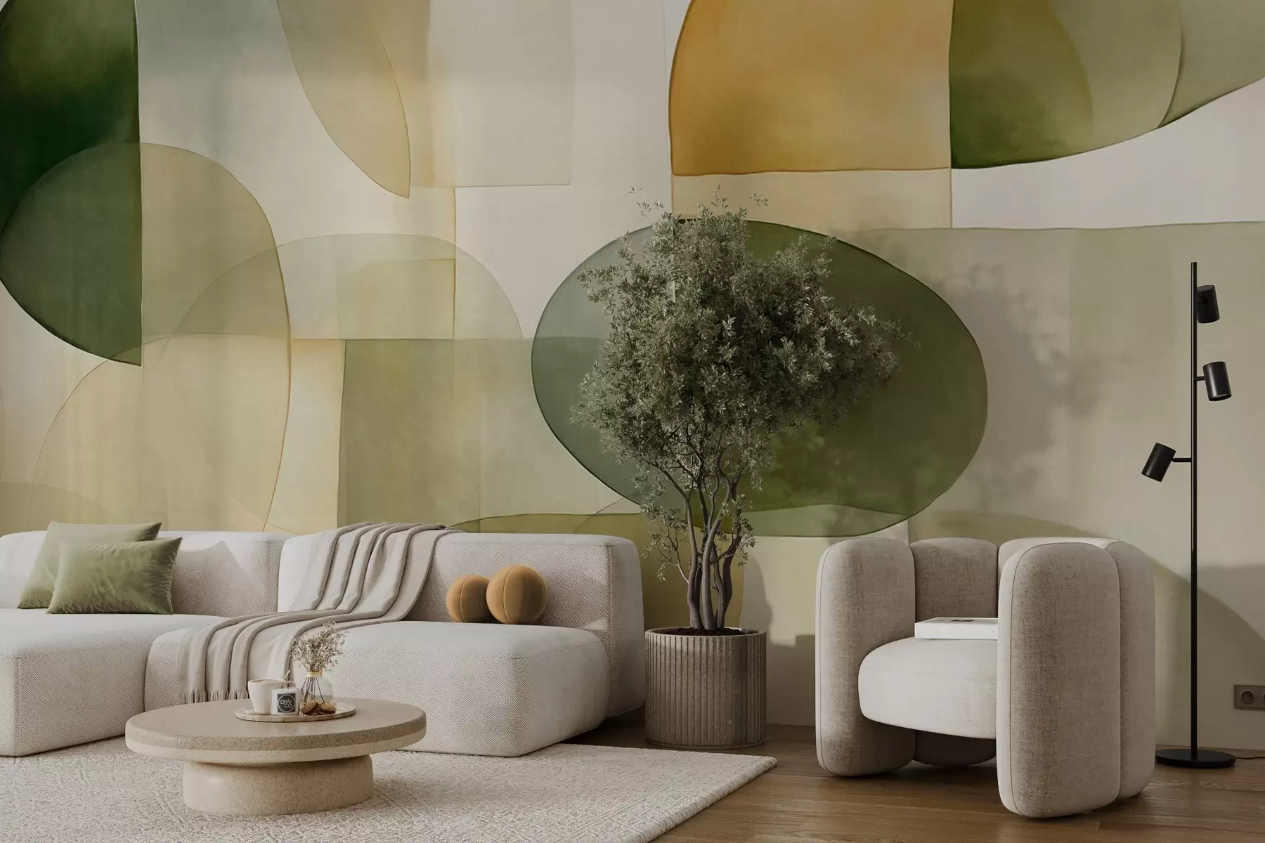 τοιχογραφίες Αφηρημένα σχήματα με υφή σε αποχρώσεις του πράσινου και του κίτρινου, απαλοί τόνοι, μινιμαλιστική σύνθεση, ουδέτερο φόντο w09467