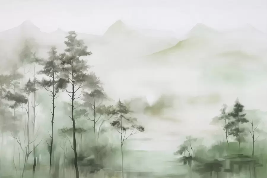 τοιχογραφίες Ομιχλώδες τοπίο με ψηλά δέντρα και βουνά σε απαλούς τόνους του πράσινου και του γκρι, μινιμαλιστικό στυλ, υφή w09469