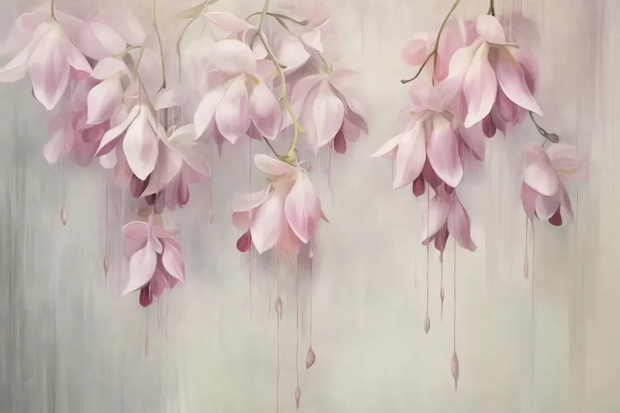 τοιχογραφίες Κρεμαστά ροζ λουλούδια, ανοιχτό γκρι φόντο, σύνθεση με floral υφή, βοτανική τέχνη, παστέλ χρώματα w09471