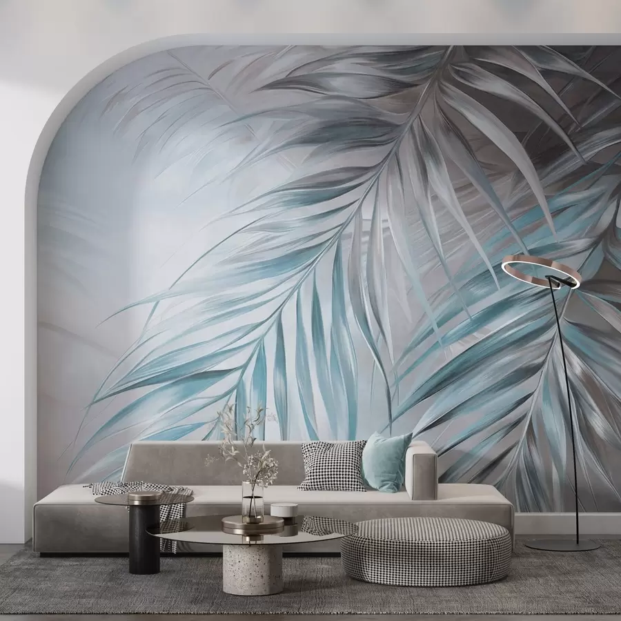 τοιχογραφίες Φύλλα φοίνικα με γκρι και μπλε αποχρώσεις, φόντο με ελαφριά υφή και απαλά χρώματα, κομψό τροπικό στυλ w09475v1