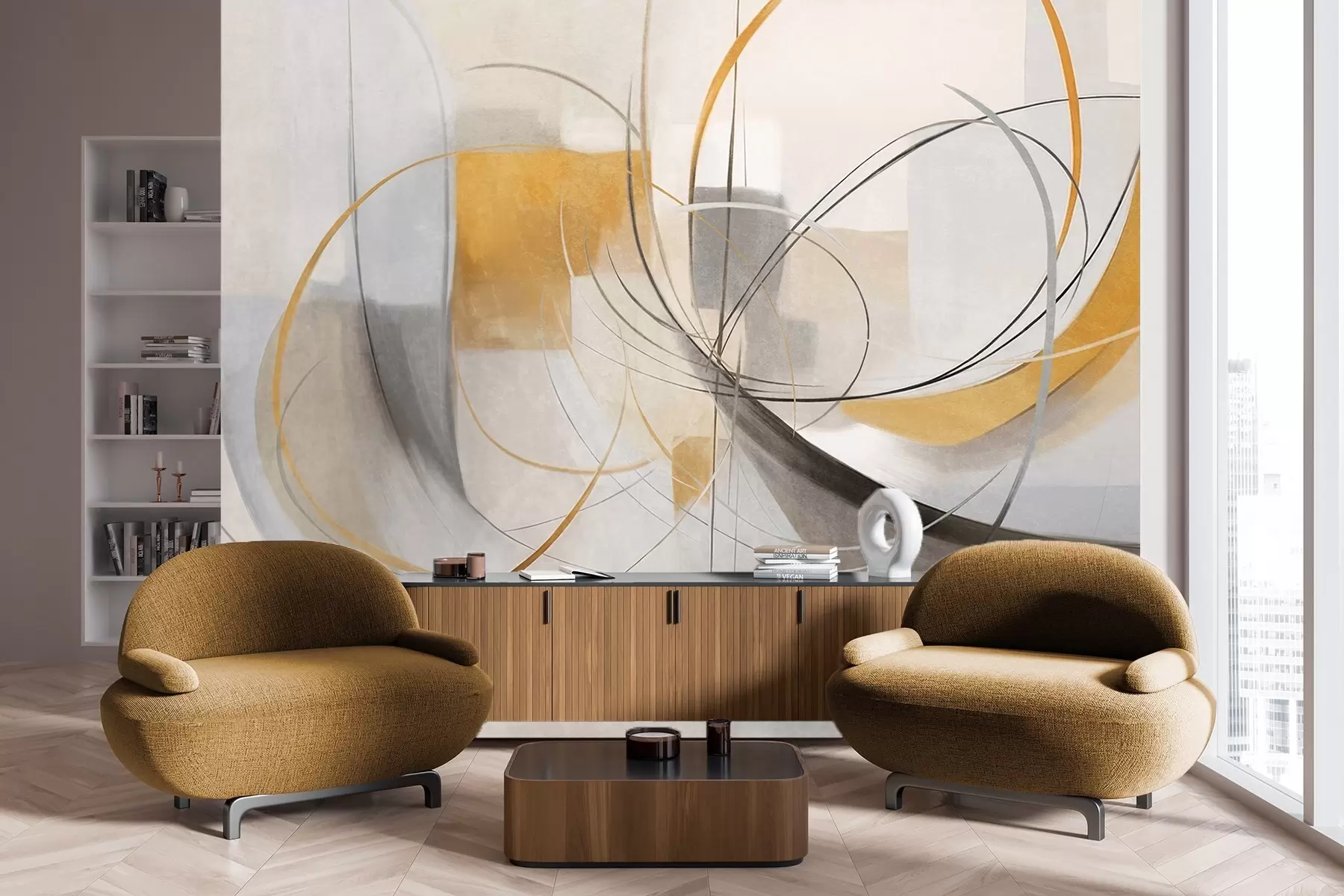 τοιχογραφίες Αφηρημένο μοντέρνο ζωγραφικό στυλ με καμπύλες γραμμές και γεωμετρικά σχήματα σε αποχρώσεις του γκρι, του λευκού και του πορτοκαλί w09476