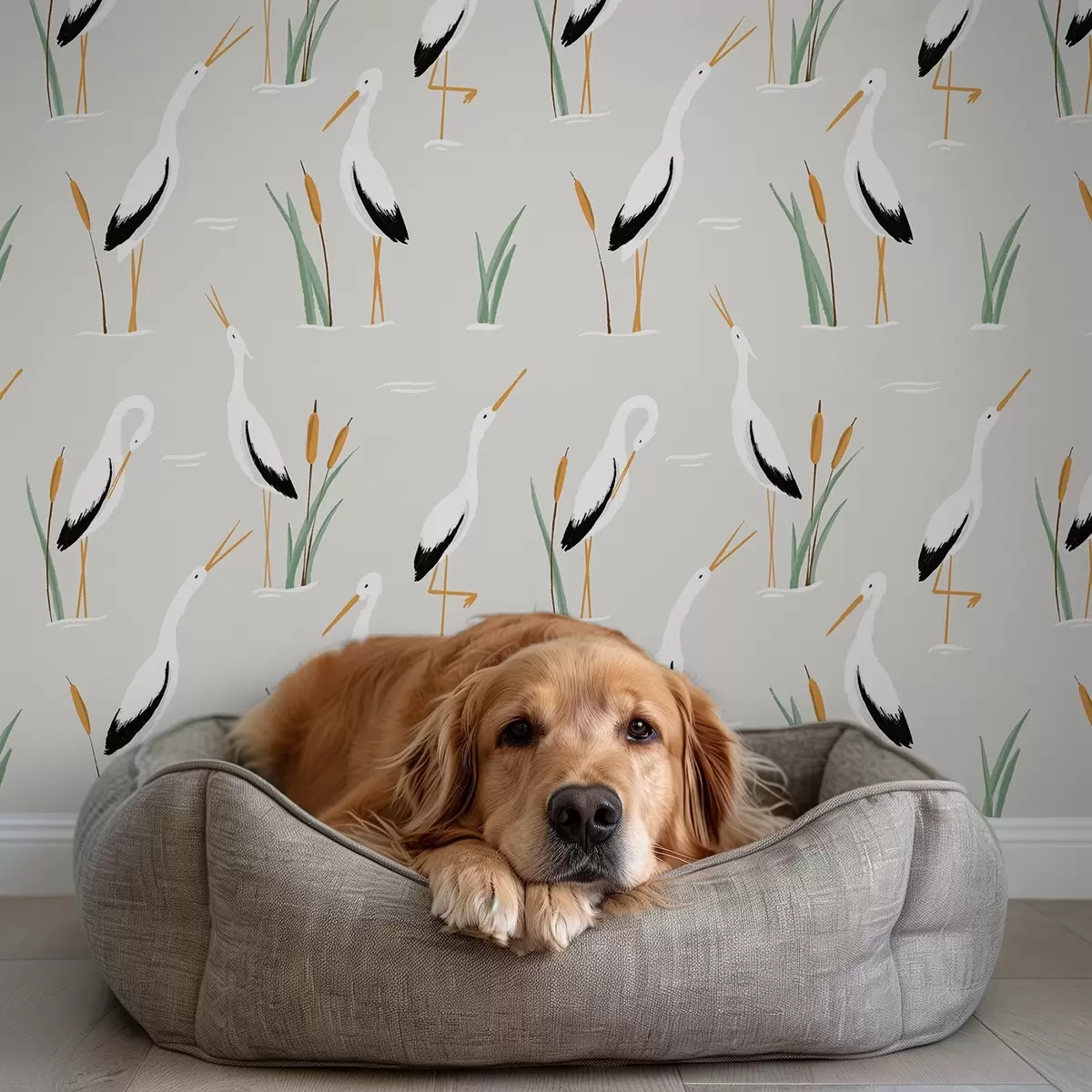 Ταπετσαρία Ερωδιοί ανάμεσα σε καλάμια σε ανοιχτό γκρι φόντο a00650