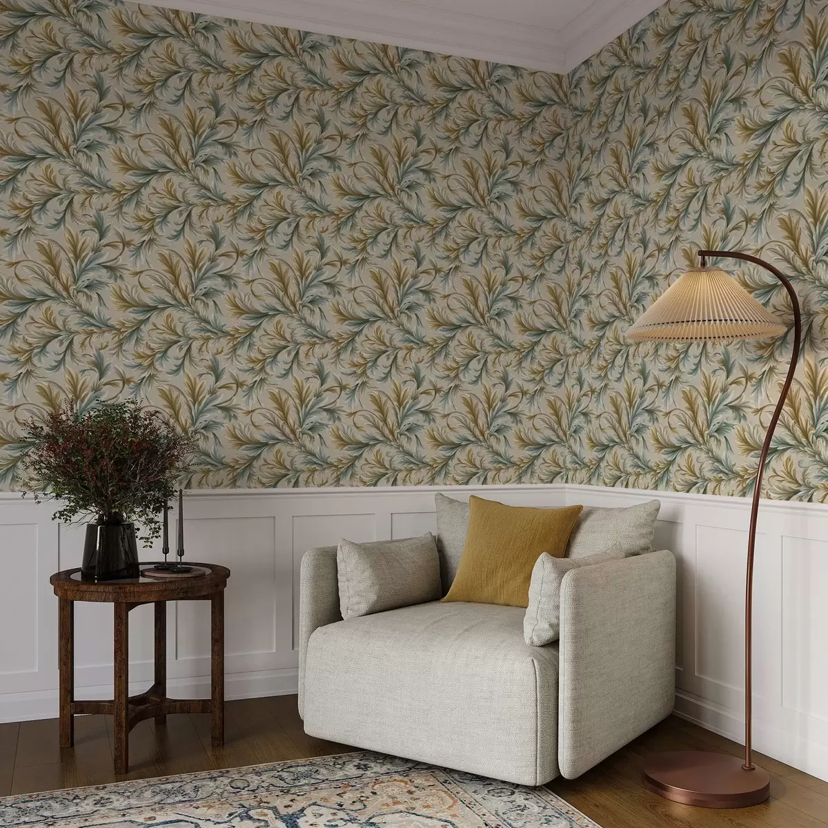 Ταπετσαρία Ογκώδη φύλλα σε παστέλ αποχρώσεις του πράσινου και του μπεζ a00674