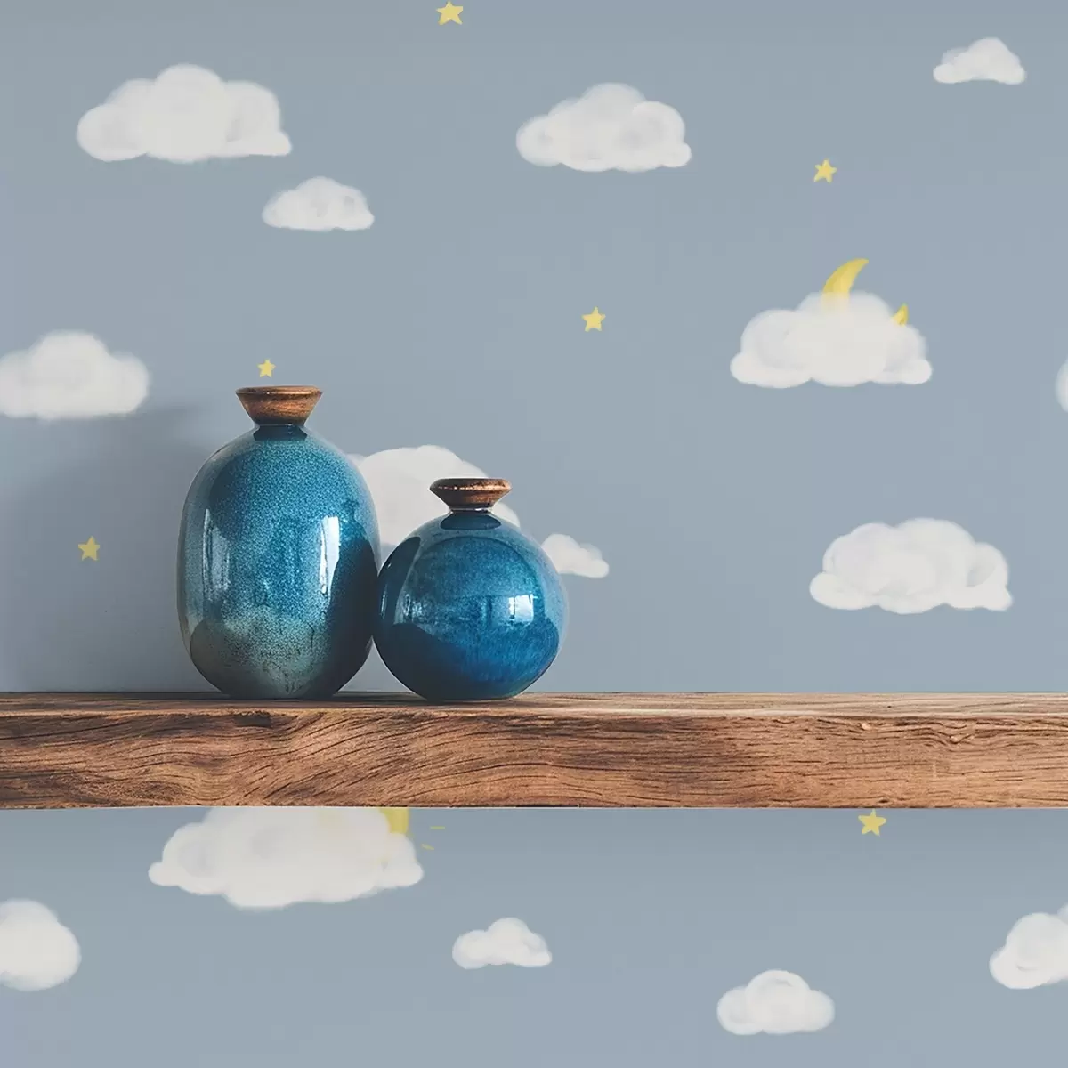 Ταπετσαρία Απαλά σύννεφα, αστέρια και ήλιος σε μπλε φόντο a00652 Ταπετσαρία Απαλά σύννεφα, αστέρια και ήλιος σε μπλε φόντο a00652