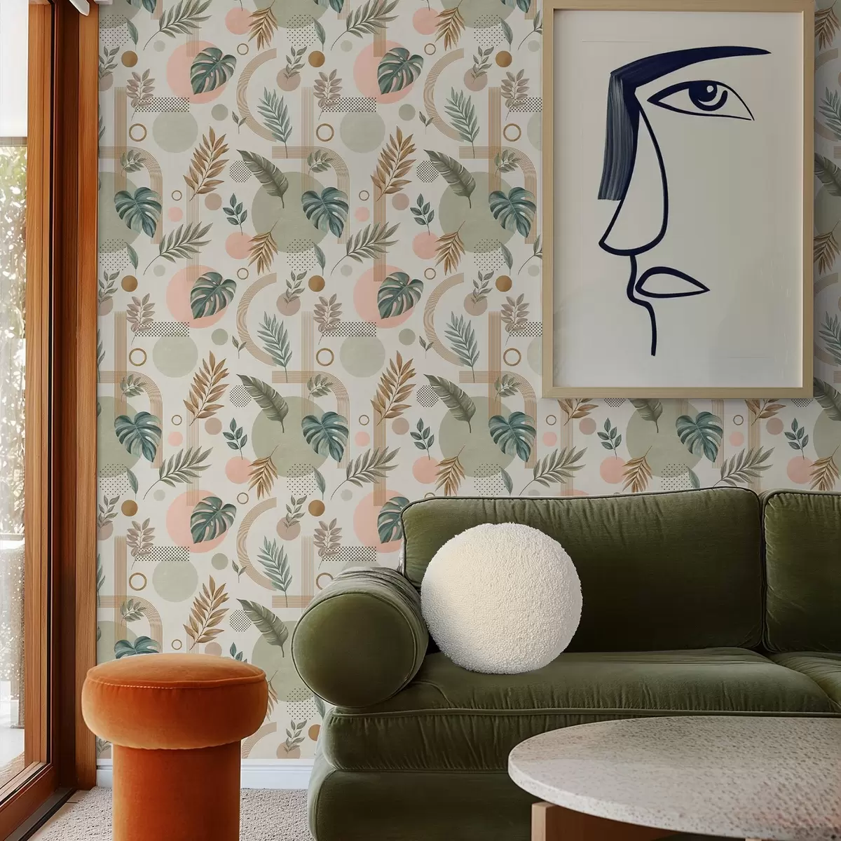Ταπετσαρία Φύλλα και γεωμετρικά σχήματα σε ήρεμες, ζεστές αποχρώσεις a00677