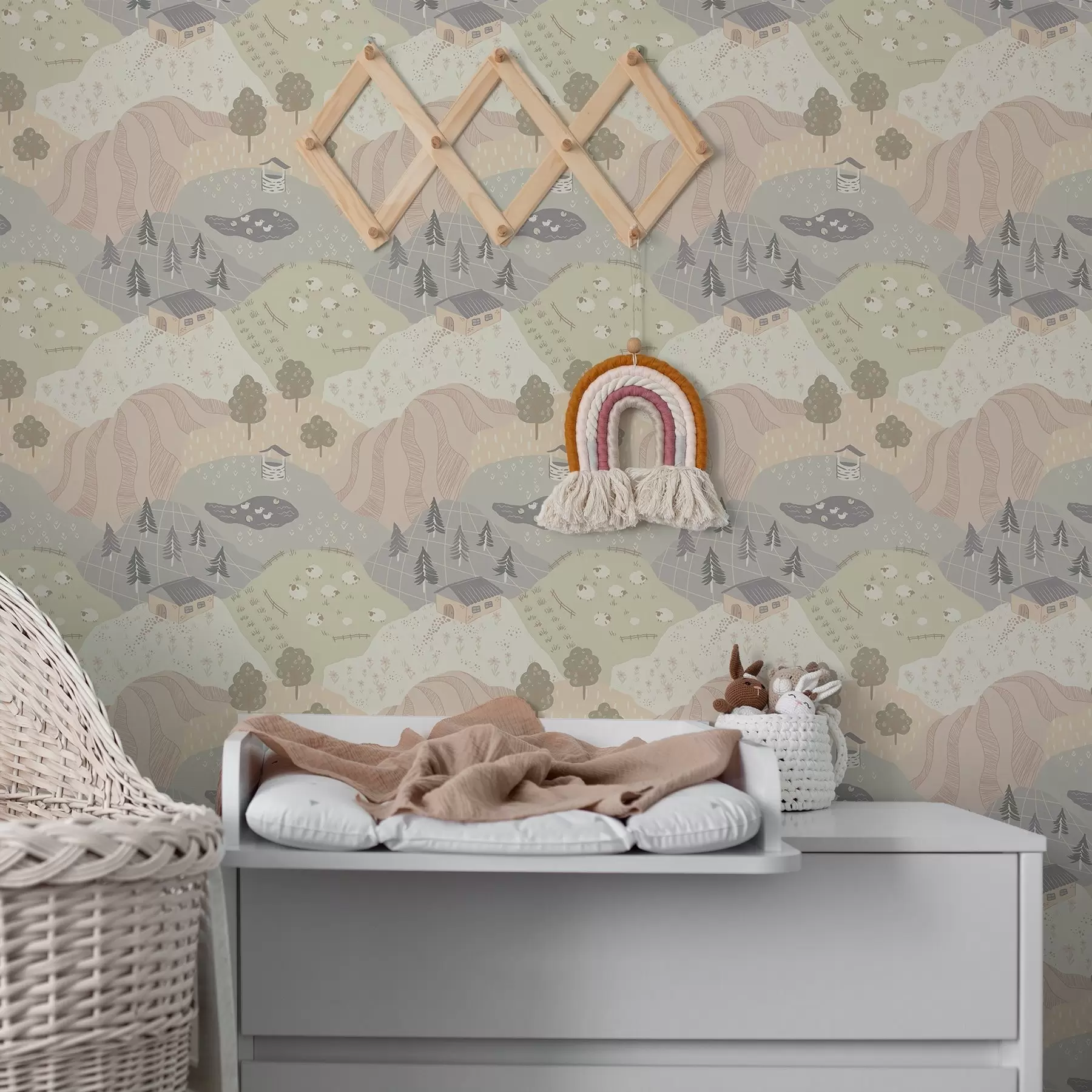 τοιχογραφίες Παραμυθένια ύπαιθρος με δέντρα, χήνες και πρόβατα a00728