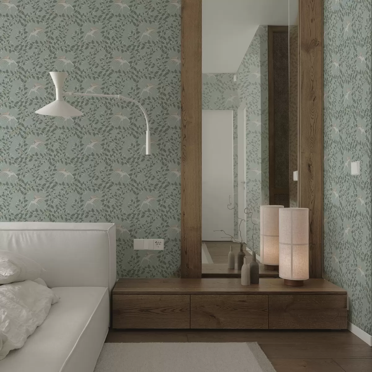 Ταπετσαρία Κλαδιά με λευκά μούρα και πουλιά σε πράσινο φόντο a00731