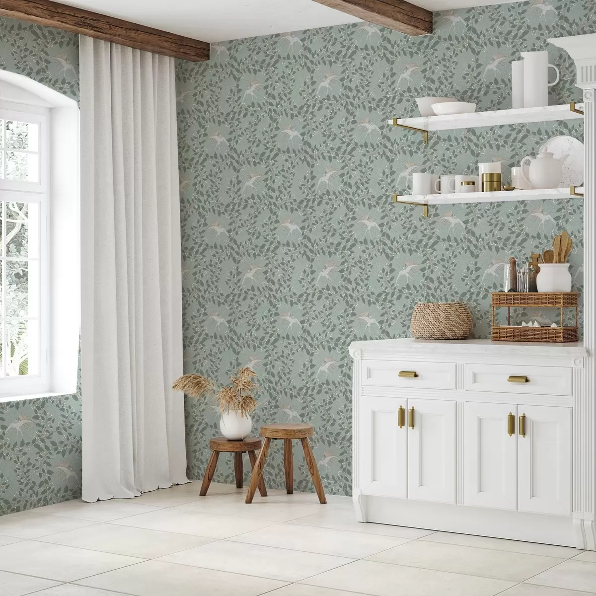 Ταπετσαρία Κλαδιά με λευκά μούρα και πουλιά σε πράσινο φόντο a00731 Ταπετσαρία Κλαδιά με λευκά μούρα και πουλιά σε πράσινο φόντο a00731