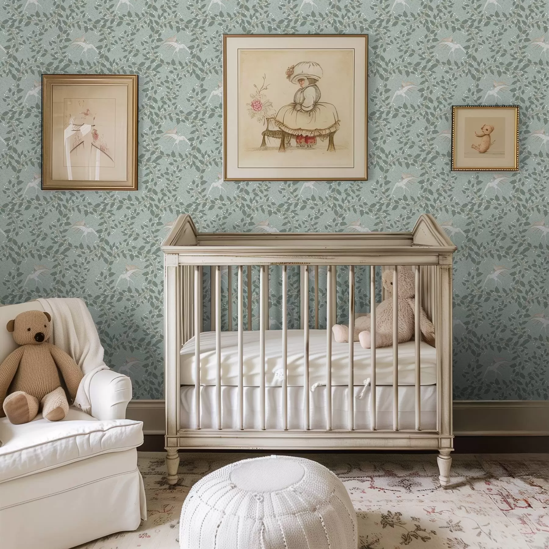 τοιχογραφίες Κλαδιά με λευκά μούρα και πουλιά σε πράσινο φόντο a00731