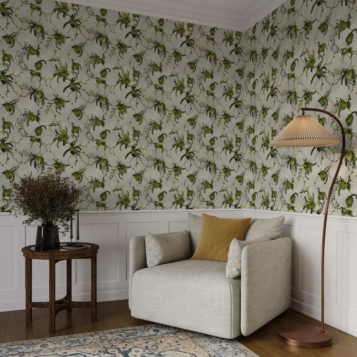 Ταπετσαρία Αναρριχώμενα κλαδιά με φύλλα σε ανοιχτόχρωμο φόντο a00806