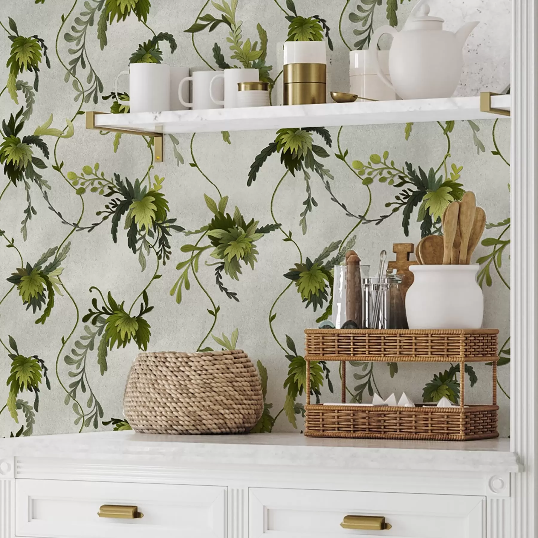 τοιχογραφίες Αναρριχώμενα κλαδιά με φύλλα σε ανοιχτόχρωμο φόντο a00806