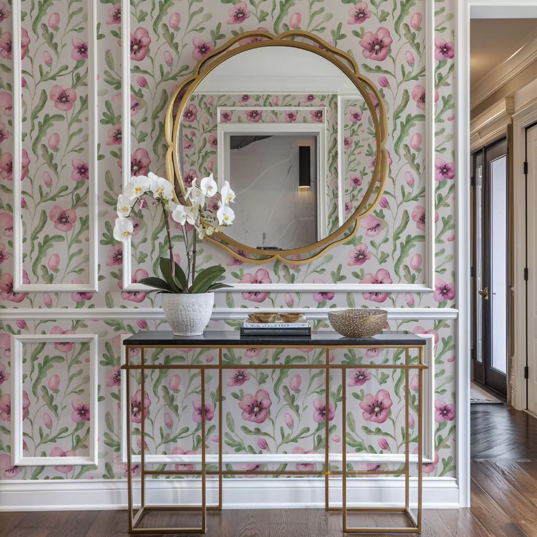 τοιχογραφίες Λεπτές ροζ παπαρούνες με φύλλα σε τεχνική ακουαρέλας a00830